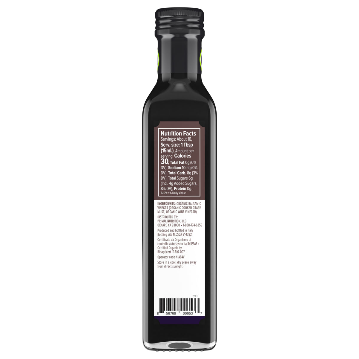 Nutritional label of a bottle of Primal Kitchen Organic Balsamic Vinegar of Modena with a dark purple label on a light grey background.