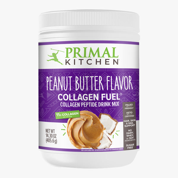 A canister of Primal Kitchen Collagen Fuel Peanut Butter flavor collagen peptide drink mix with a purple and white label on a light grey background.