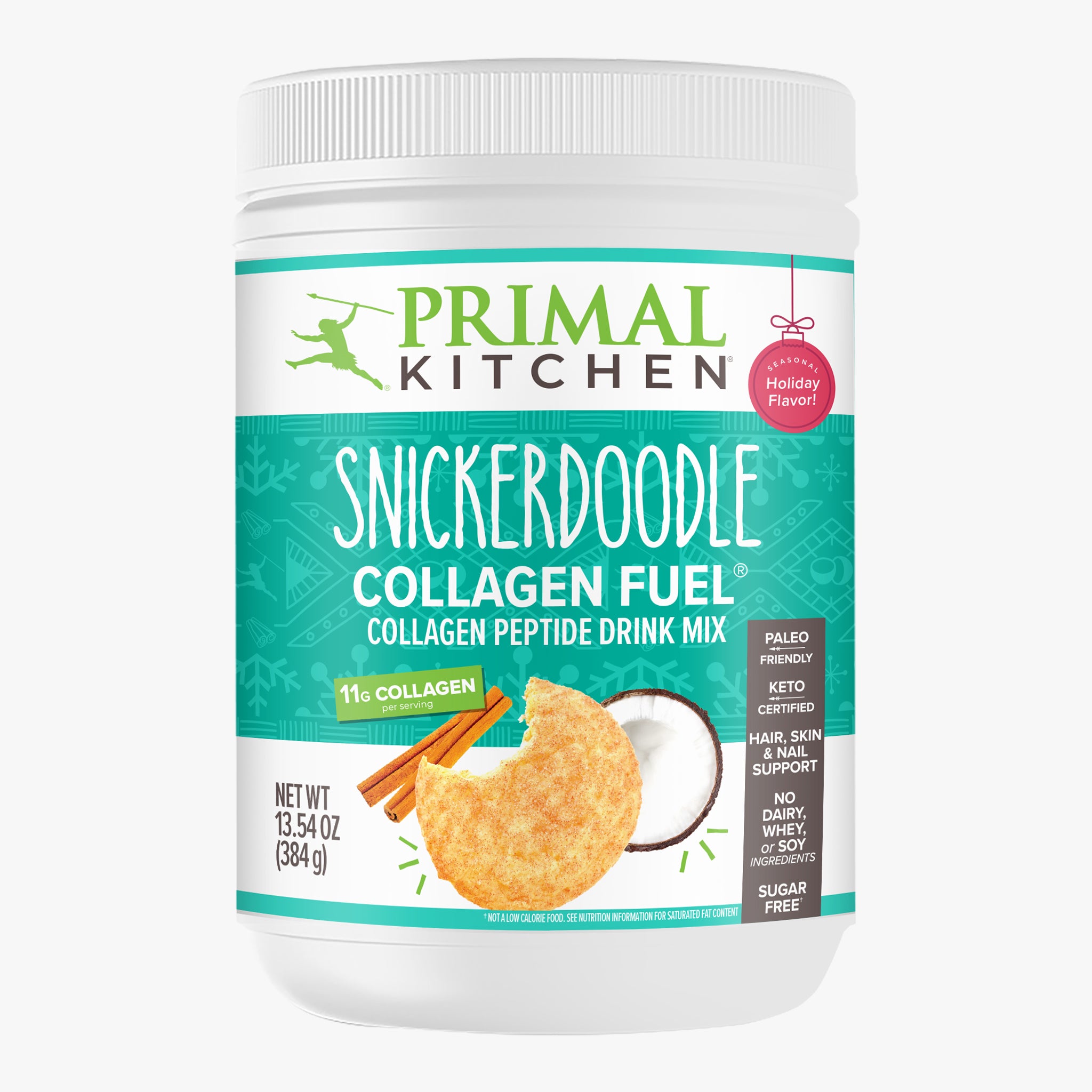 A canister of Primal Kitchen Collagen Fuel Snickerdoodle collagen peptide drink mix with a teal and white label on a light grey background.