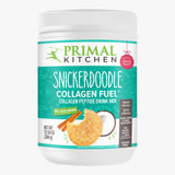 A canister of Primal Kitchen Collagen Fuel Snickerdoodle collagen peptide drink mix with a teal and white label on a light grey background.