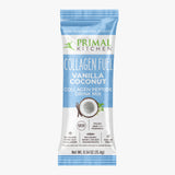 A single serving packet of Primal Kitchen Collagen Fuel Vanilla Coconut collagen peptide drink mix with a light blue and white label on a light grey background.