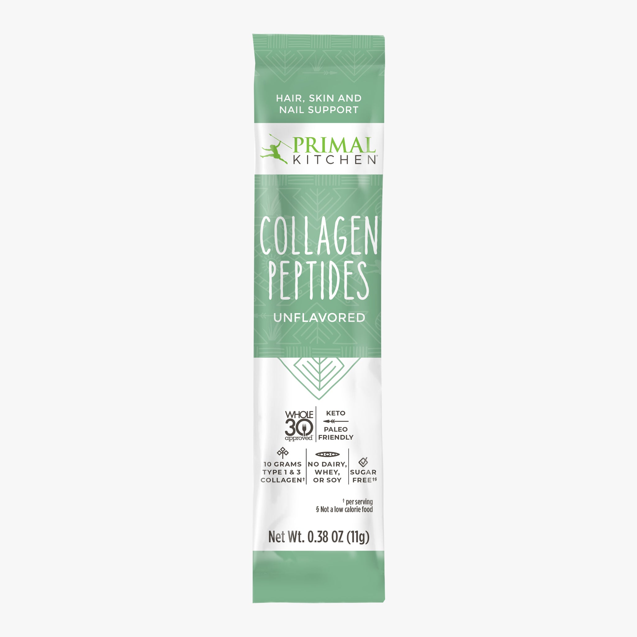 A single serving packet of Primal Kitchen Unflavored Collagen peptide drink mix with a green and white label on a light grey background.