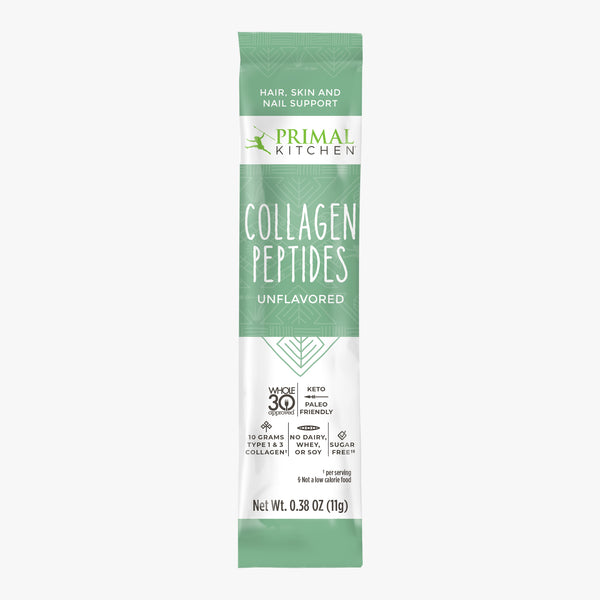 A single serving packet of Primal Kitchen Unflavored Collagen peptide drink mix with a green and white label on a light grey background.
