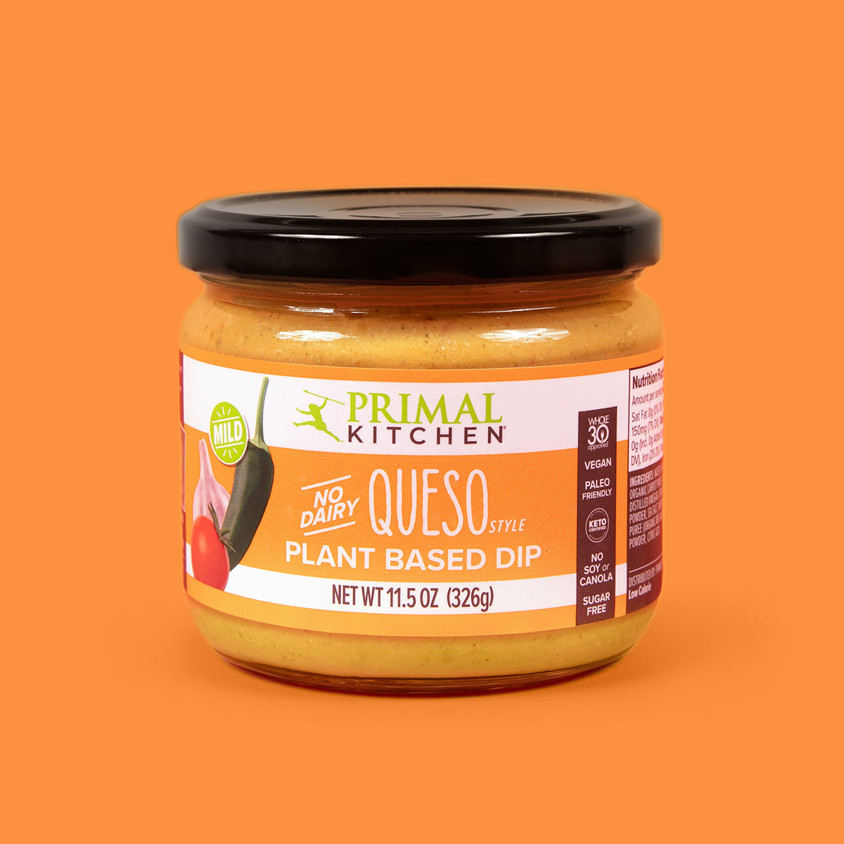 A jar of Primal Kitchen No Dairy Queso Style Plant-Based Dip with an orange label, on an orange background. 