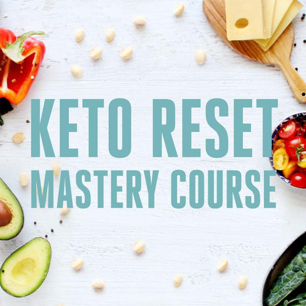 Keto Reset Mastery Course next to fruits and vegetables.