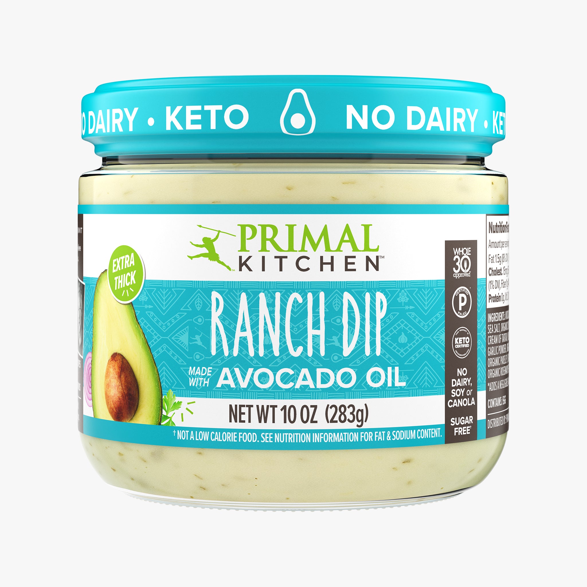 Front of a jar of no dairy Primal Kitchen Ranch Dip Made with Avocado Oil with a blue label, on a light grey background.