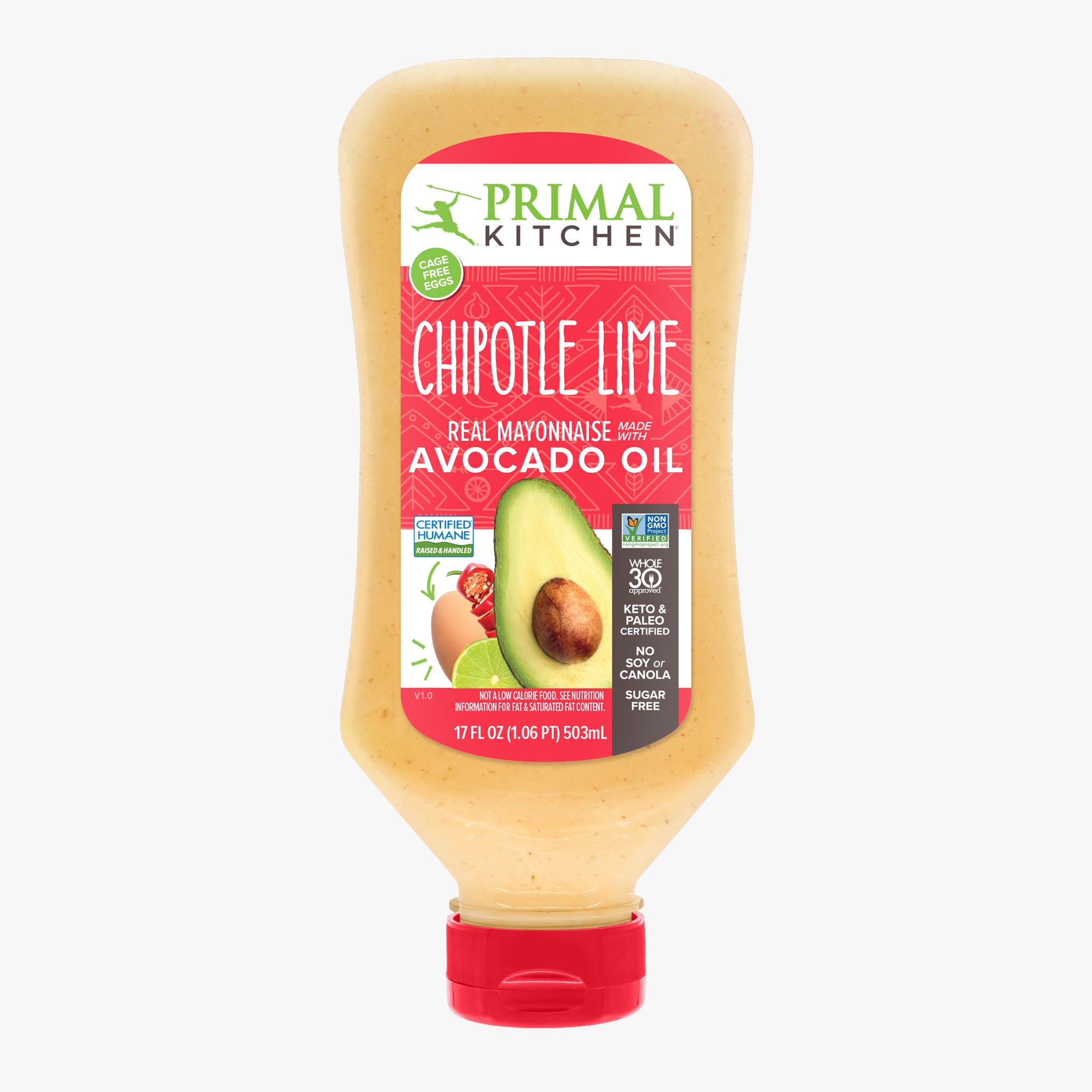 A squeeze bottle of Squeeze Chipotle Lime Mayo made with Avocado Oil with a red label and lid on a light grey background.