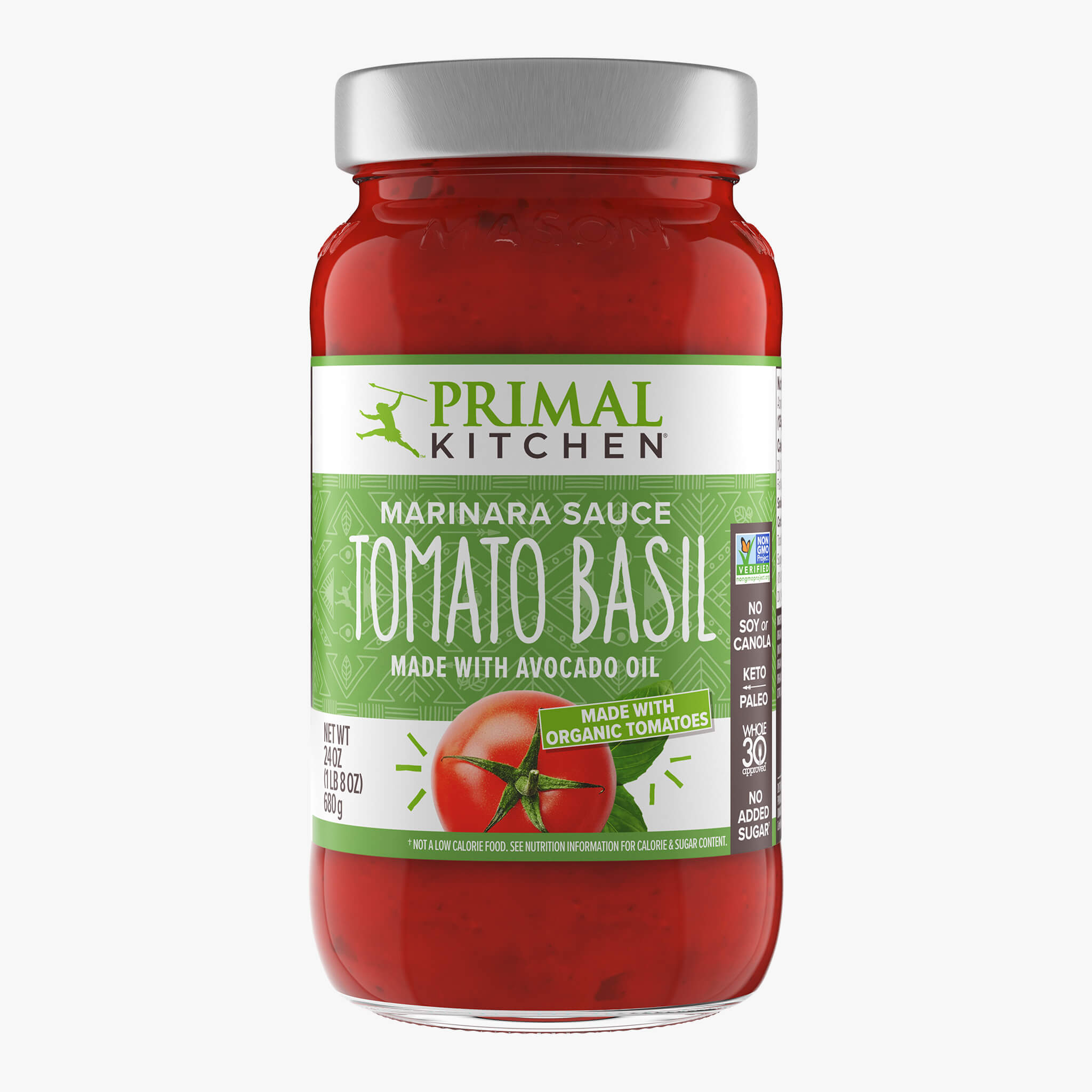 Front of a jar of Primal Kitchen Tomato Basil Marinara Sauce made with organic tomatoes and no added sugar, on a light grey background.