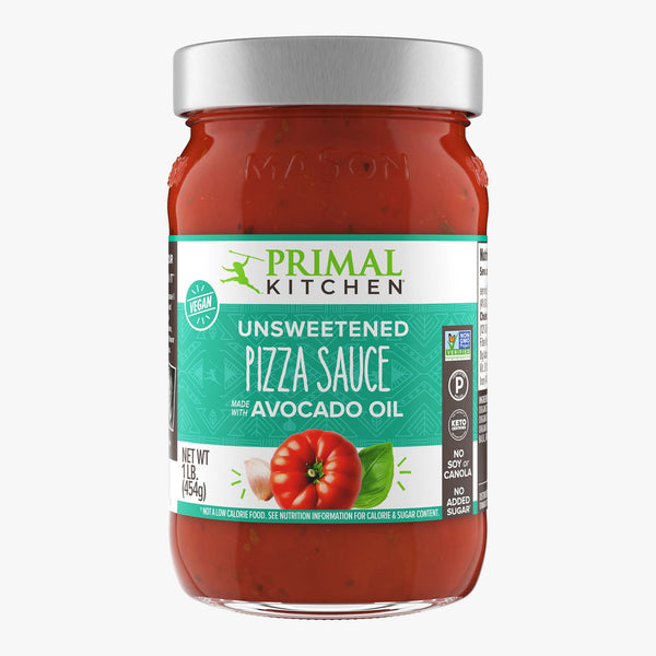 A jar of Primal Kitchen Unsweetened Vegan Pizza Sauce made with Avocado Oil with a teal label on a light grey background. 