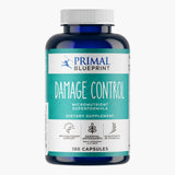 A blue bottle of Primal Blueprint Damage Control with a teal and white label on a light grey background.